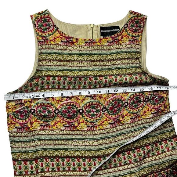 Hemant & Nandina  Anthropologie Silk Beaded Drop Waist Boho Dress w Scarf, SZ 10 - Picture 12 of 15